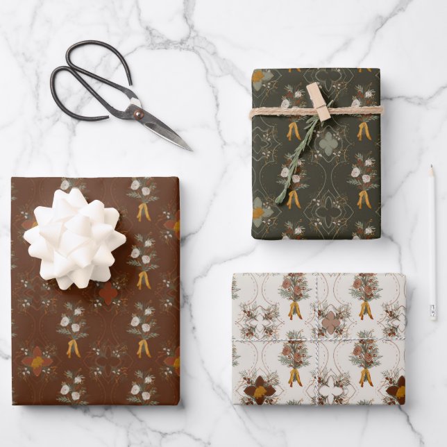 Christmas Collection | Floral Green, Red, Cream Wrapping Paper Sheets (Front)