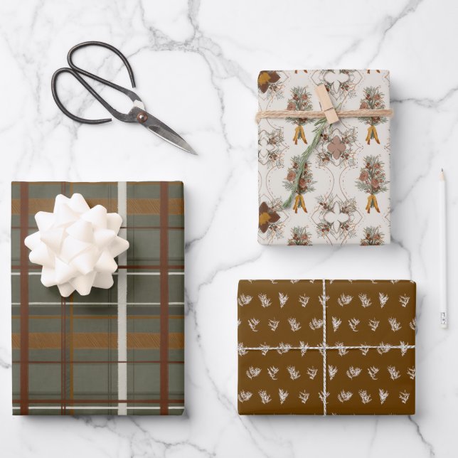 Christmas Collection | Green Plaid, Floral, Cedar Wrapping Paper Sheets (Front)