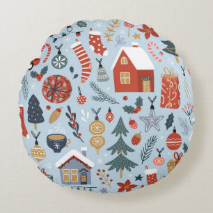 Christmas collection of decorative winter elements round pillow
