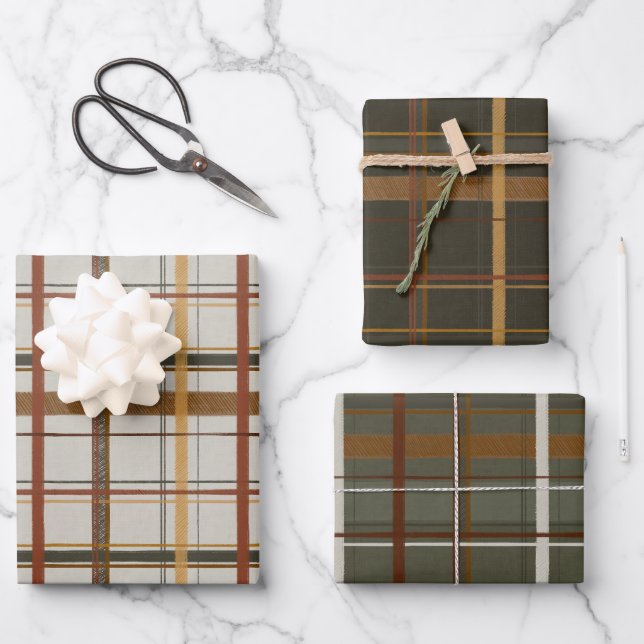Christmas Collection | Plaids Green, Cream, Tan Wrapping Paper Sheets (Front)