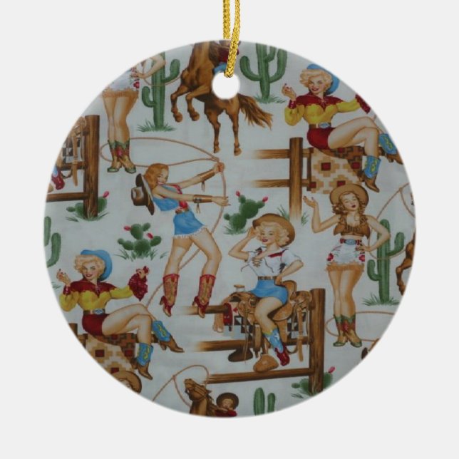 Christmas Collection Retro Cowgirls Ceramic Ornament (Front)