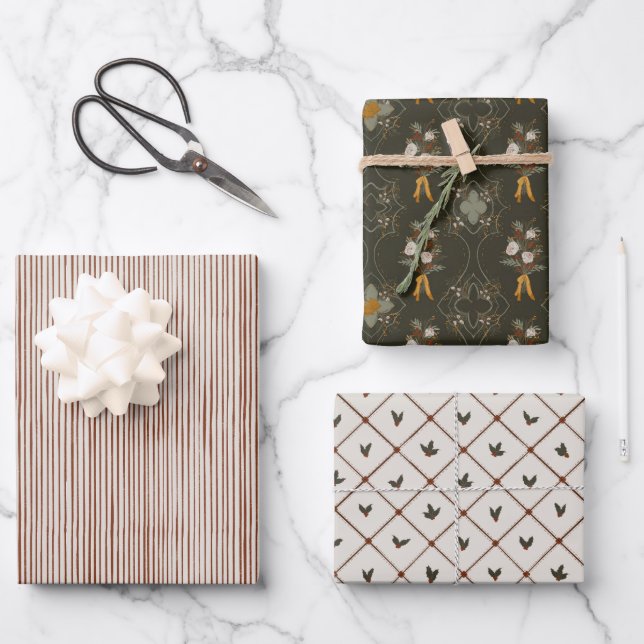 Christmas Collection | Stripe, Floral, Holly Wrapp Wrapping Paper Sheets (Front)