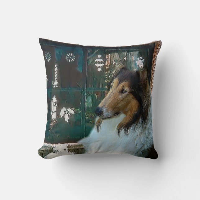 Christmas Collie at the Window Throw Pillow (Front)