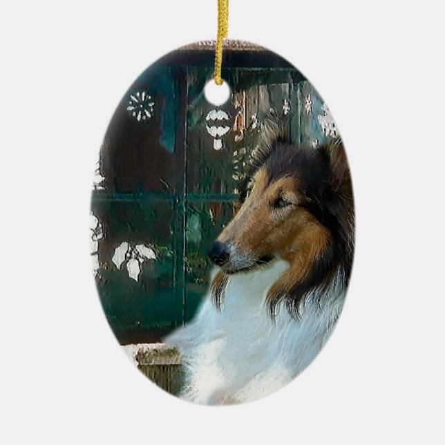 Christmas Collie at Window Ceramic Ornament (Front)