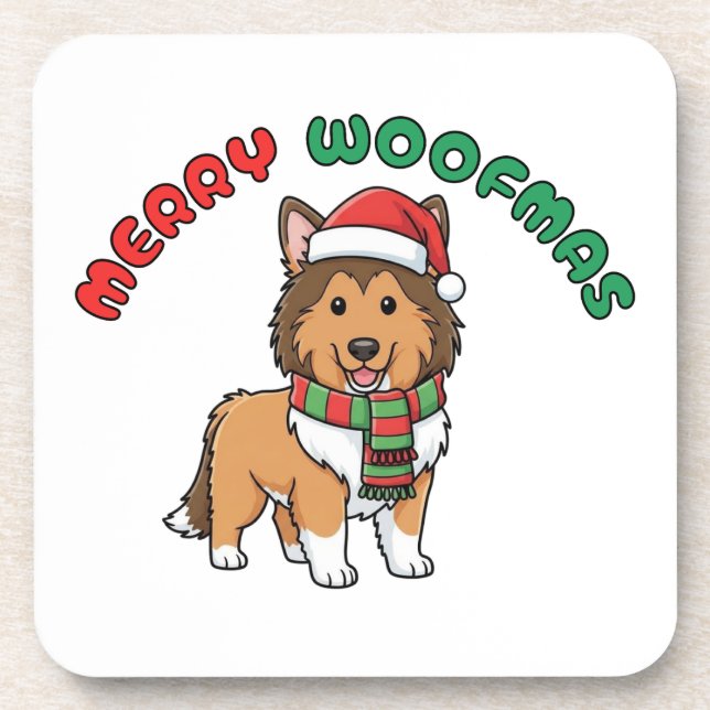 Christmas Collie Coaster: Merry Woofmas Beverage Coaster (Front)