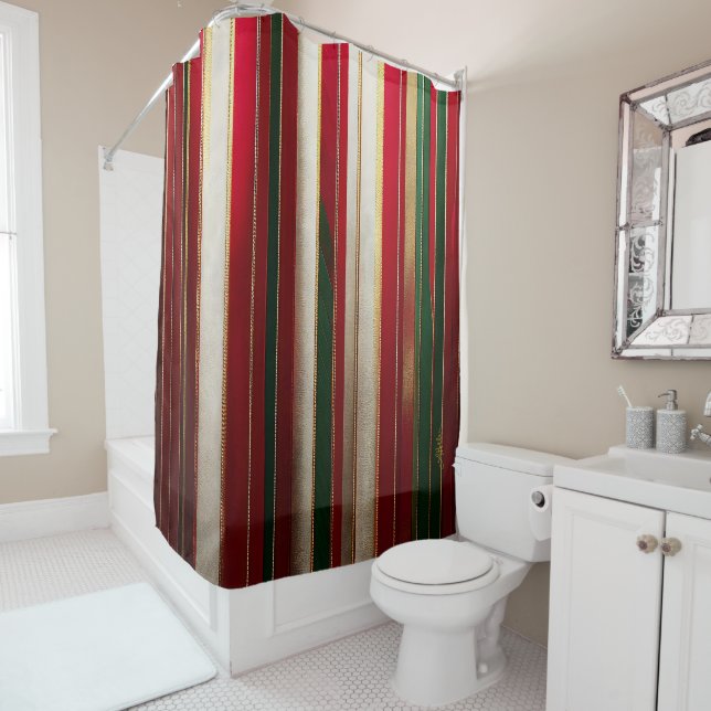 Christmas Color Stripes Red Green White Gold Shower Curtain (In Situ)
