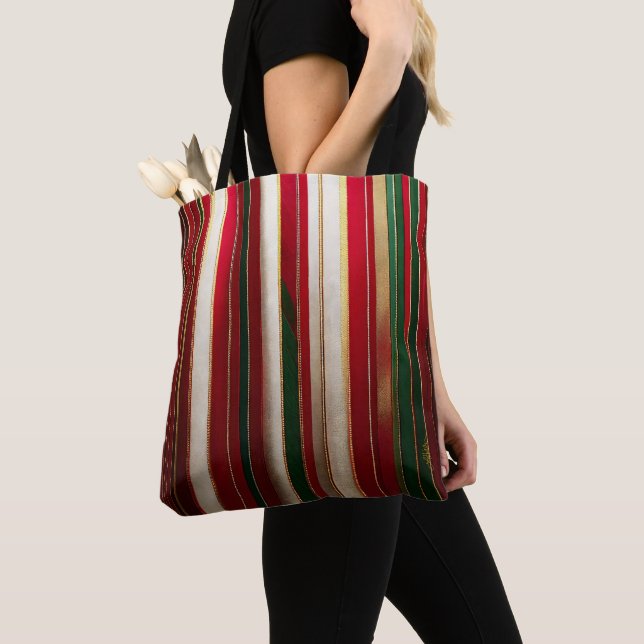 Christmas Color Stripes Red Green White Gold Tote Bag (Close Up)