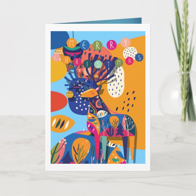 Christmas Colorful Abstract Reindeer Personalized Holiday Card (Front)
