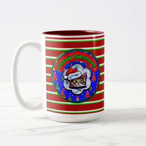 Christmas Colorful Cat _ Santa Hat  Xmas trees Two_Tone Coffee Mug