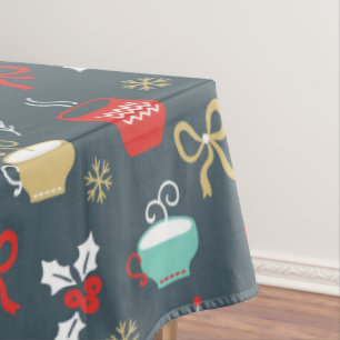 Christmas Colorful Cups, Bows And Mistletoe Tablecloth