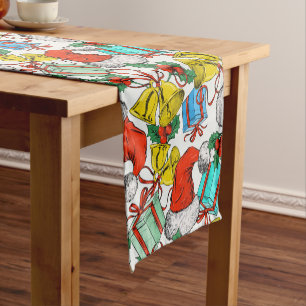 Christmas Colorful Gifts Red Santa Hats Holidays Short Table Runner
