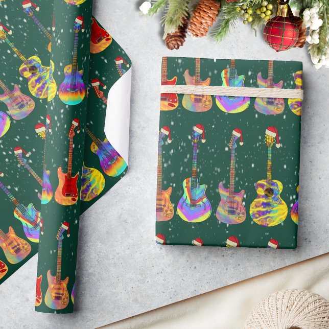Christmas Colorful Guitar Pattern Green Wrapping Paper (Christmas colorful guitars pattern green wrapping paper for guitarists musicians guitar tutors )