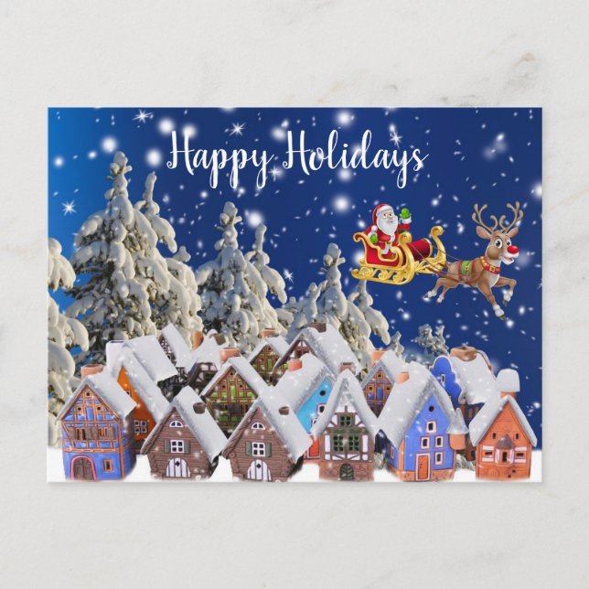 Christmas Colorful Holidays Golden Santa Sleigh Postcard (Front)