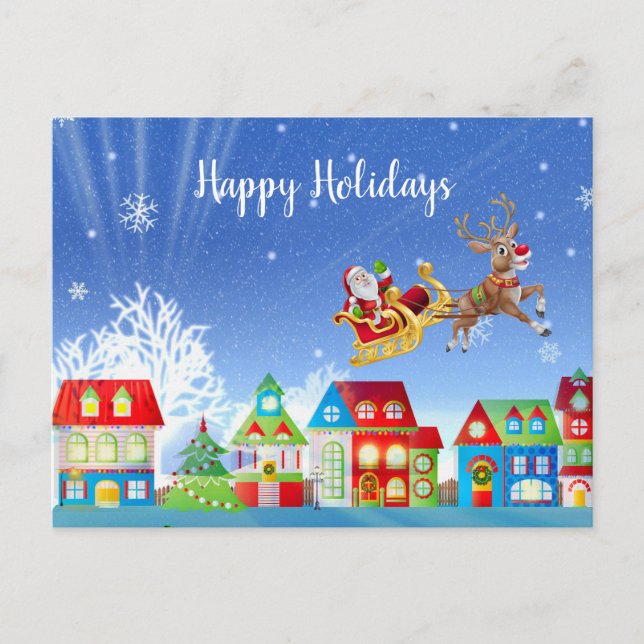Christmas Colorful Houses Golden Santa Sleigh Postcard (Front)