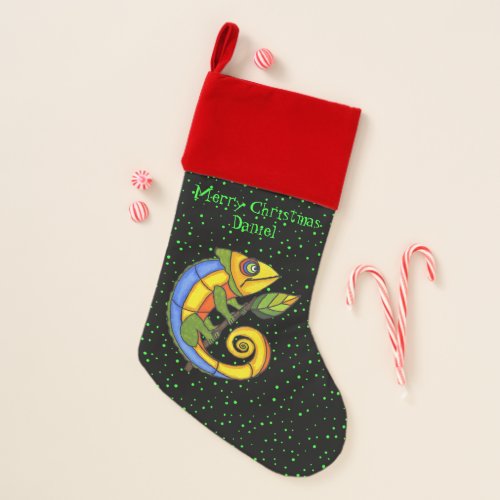 Christmas Colorful Lizard Holding Leaf Green Dots Christmas Stocking