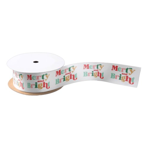 Christmas Colorful Retro Merry And Bright Holiday Satin Ribbon