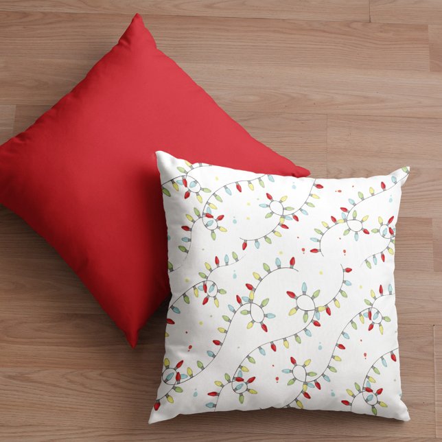 Christmas Colorful String Lights Pattern Throw Pillow (Christmas holiday red, yellow, and blue holiday lights.)