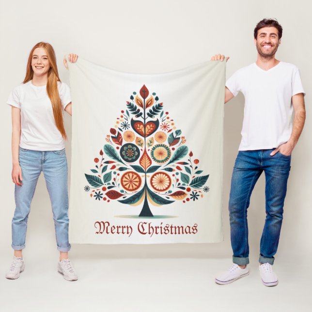 Christmas Colorful Tree Scandinavia Folk Art Fleece Blanket (In Situ)