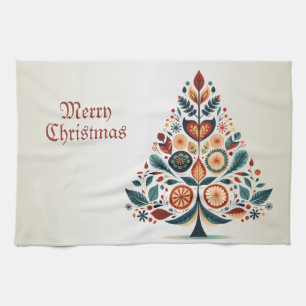 Christmas Colorful Tree Scandinavia Folk Art Kitchen Towel