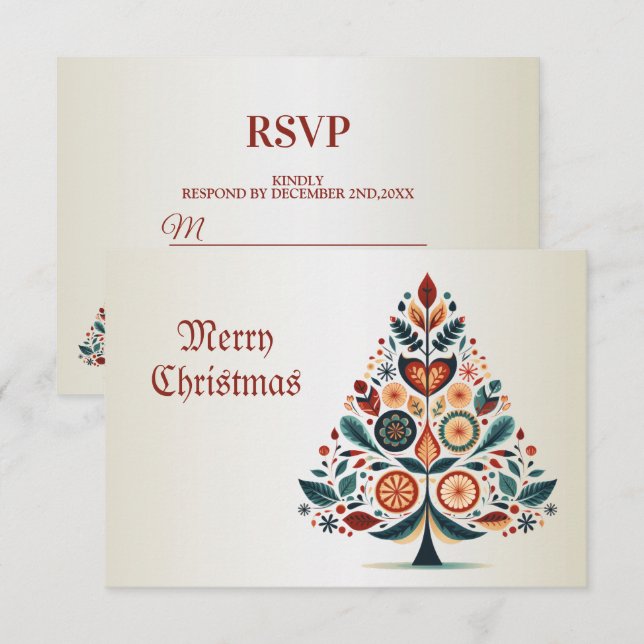 Christmas Colorful Tree Scandinavia Folk Art RSVP Card (Front/Back)