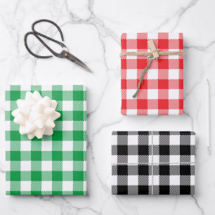 Christmas Colors White Checkered Buffalo Plaid Wrapping Paper Sheets