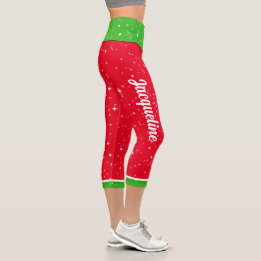 Christmas Colors with Your Name in White - RED Capri Leggings
