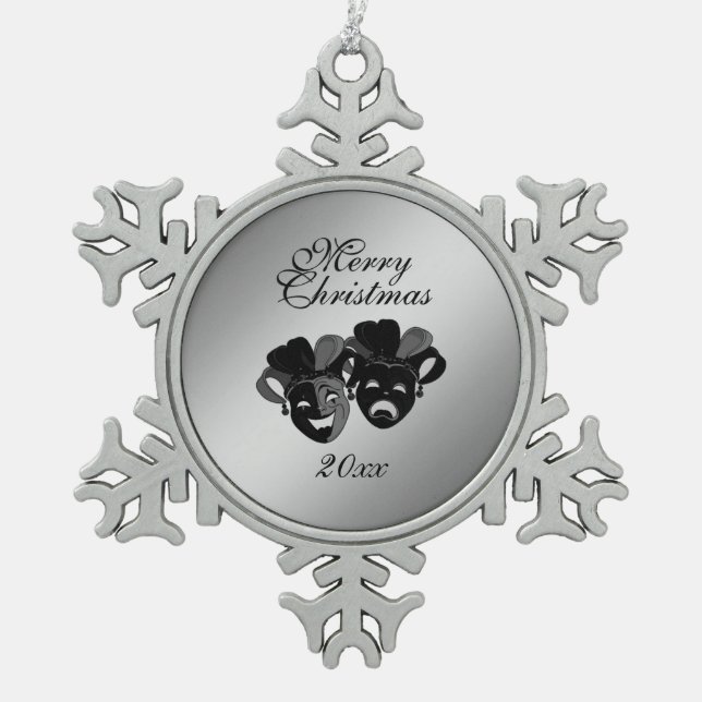 Christmas Comedy and Tragedy Theater Masks Snowflake Pewter Christmas Ornament (Front)