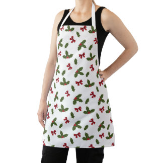 Christmas Common Holly Plant And Red Bows Pattern Apron