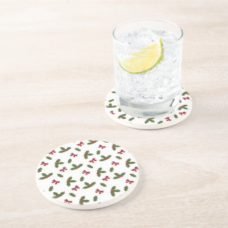 Christmas Common Holly Plant And Red Bows Pattern Coaster