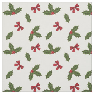 Christmas Common Holly Plant And Red Bows Pattern Fabric