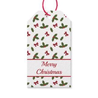 Christmas Common Holly Plant And Red Bows Pattern Gift Tags