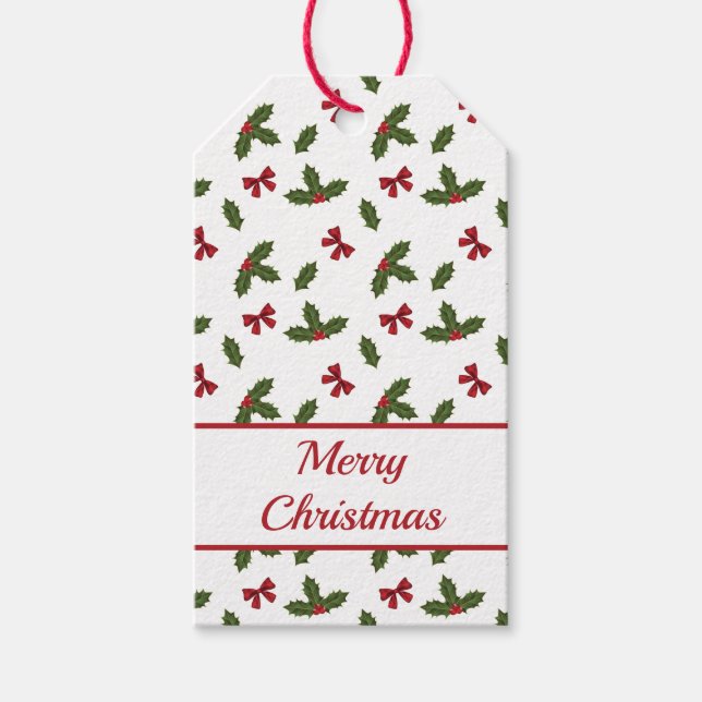 Christmas Common Holly Plant And Red Bows Pattern Gift Tags (Front)