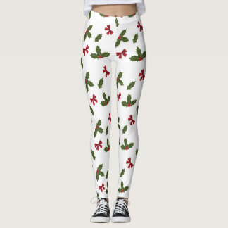 Christmas Common Holly Plant And Red Bows Pattern Leggings