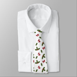 Christmas Common Holly Plant And Red Bows Pattern Neck Tie