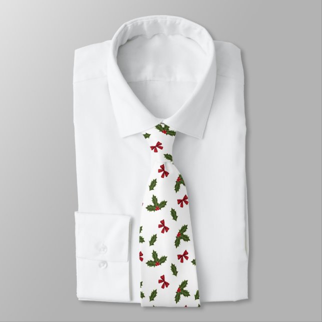 Christmas Common Holly Plant And Red Bows Pattern Neck Tie (Tied)
