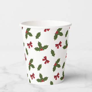 Christmas Common Holly Plant And Red Bows Pattern Paper Cups