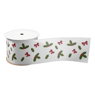 Christmas Common Holly Plant And Red Bows Pattern Satin Ribbon