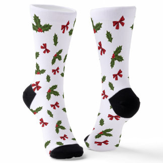 Christmas Common Holly Plant And Red Bows Pattern Socks