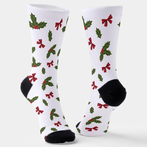 Christmas Common Holly Plant And Red Bows Pattern Socks