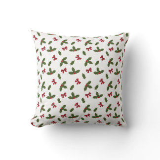 Christmas Common Holly Plant And Red Bows Pattern Throw Pillow
