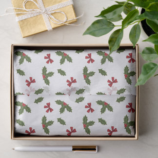 Christmas Common Holly Plant And Red Bows Pattern Tissue Paper