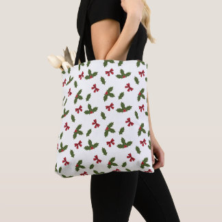 Christmas Common Holly Plant And Red Bows Pattern Tote Bag