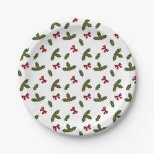 Christmas Common Holly Plants And Red Bows Pattern Paper Plates