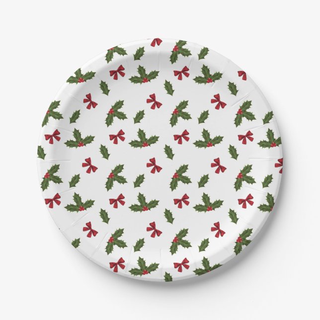 Christmas Common Holly Plants And Red Bows Pattern Paper Plates (Front)