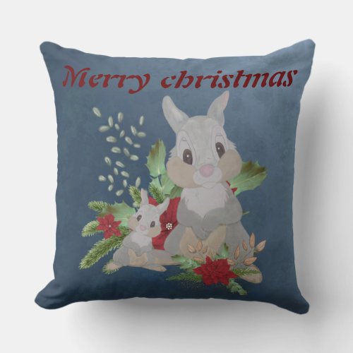 christmas composition red poinsettia with rabbits  throw pillow