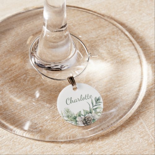 Christmas cone greenery white name wine charm