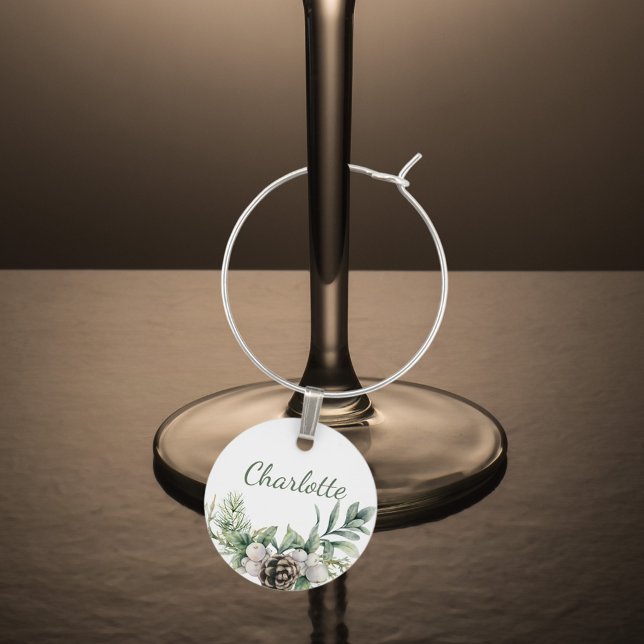Christmas cone greenery white name wine charm (Creator Uploaded)