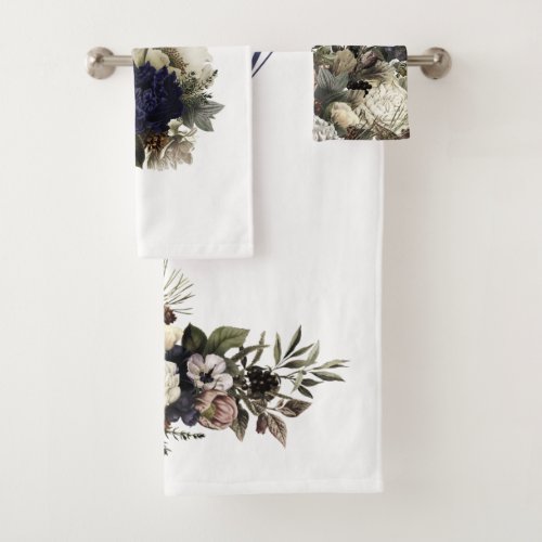 Christmas Conifer Navy Cream Green Floral Monogram Bath Towel Set