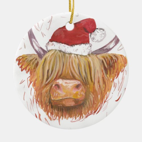 christmas coo Highland Cow with Christmas Hat Ceramic Ornament
