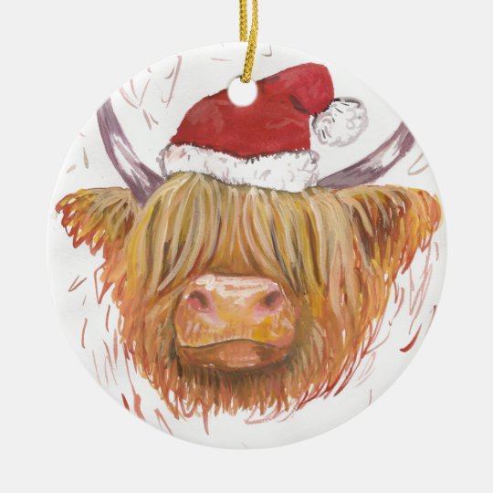 christmas coo Highland Cow with Christmas Hat Ceramic Ornament | Zazzle.com